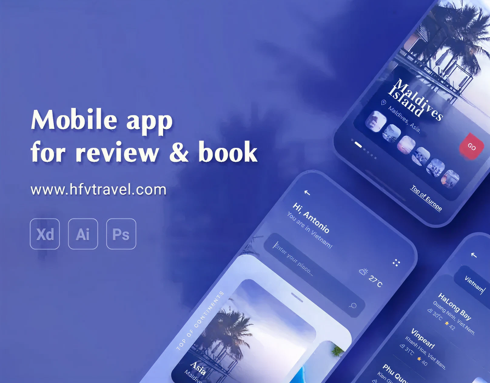HFV Travel booking app UI for destination discovery and trip planning