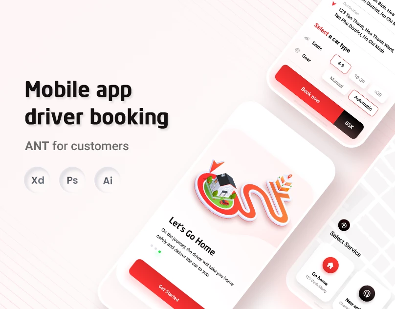 ANT driver booking mobile app UI for on-demand service and real-time location tracking