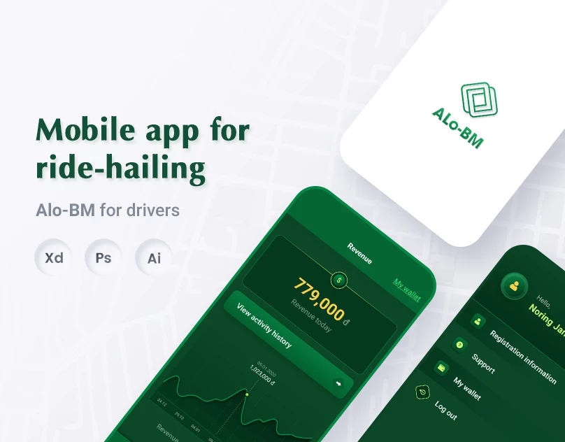 Alo BM driver app UI for ride-hailing with trip review and real-time navigation
