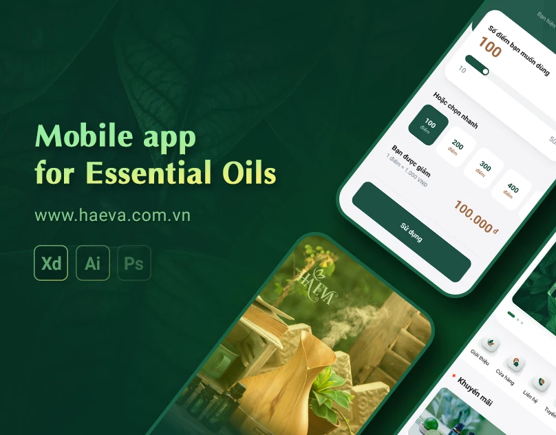 Haeva essential oils mobile ecommerce app UI with product browsing and checkout flow