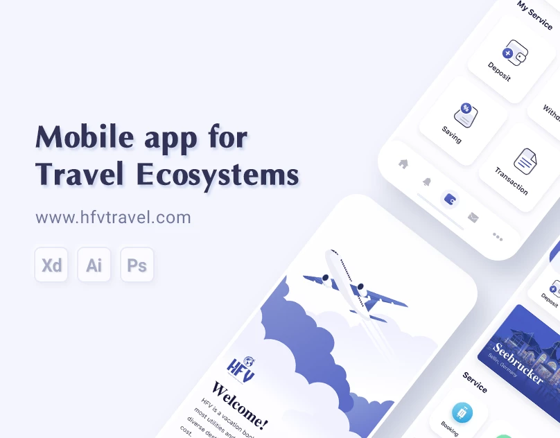 HFV Travel ecosystem app UI integrating booking, wallet, and services