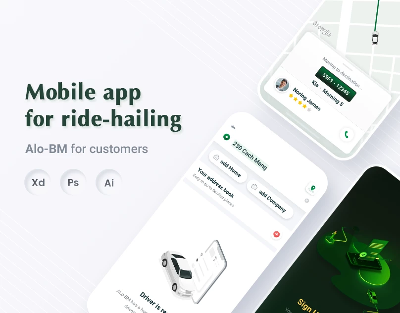 Alo BM rider mobile app UI for booking rides, selecting vehicles, and tracking trips