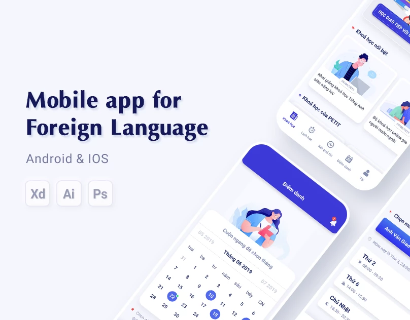 PETIT academy management app UI for tracking schedules, attendance, and student progress